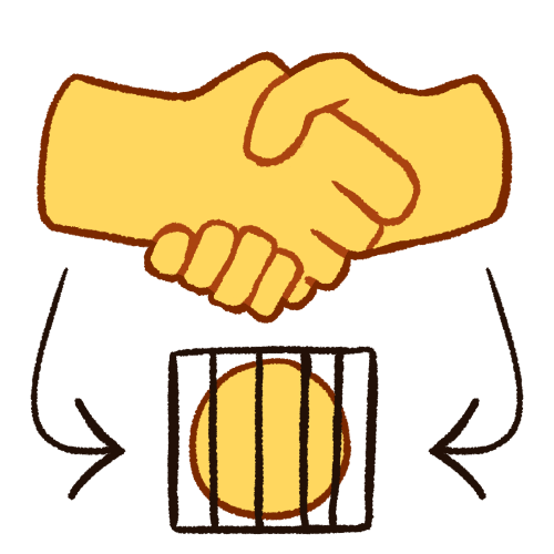  A drawing of a large handshake. Below it is an emoji yellow circle in a cage, representing a hostage. On either side of the hostage, a black arrow points from the handshake to the hostage. 
